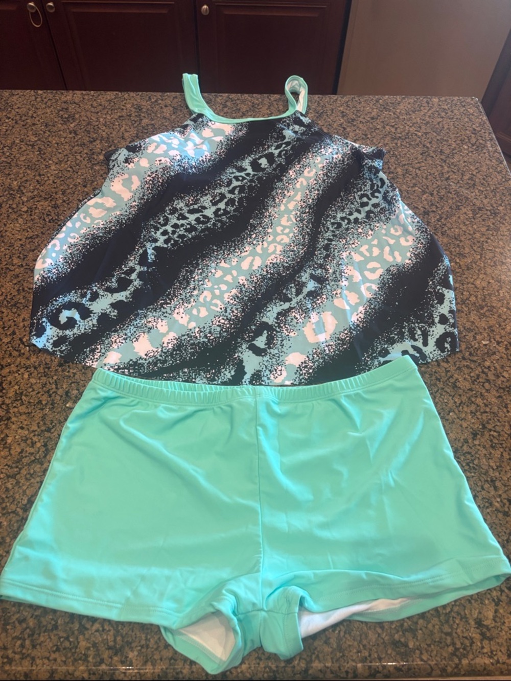 Aqua Animal-Print Tankini Top & Aqua Swim Shorts Set